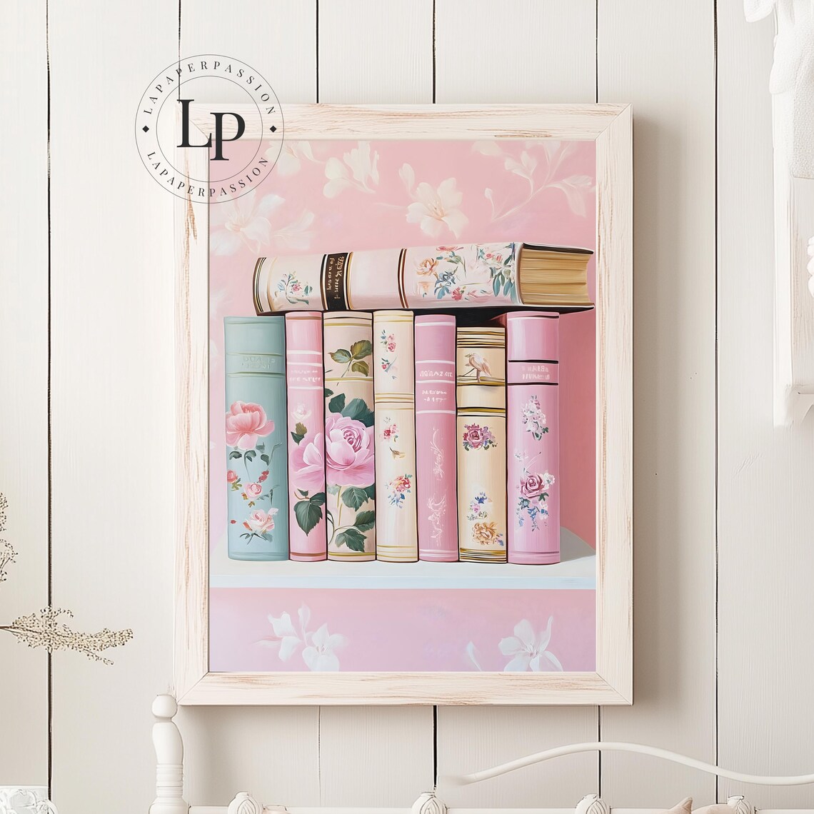 Pink Romantic Floral Book Stack with Rose Covered Spines Poster - Image 5
