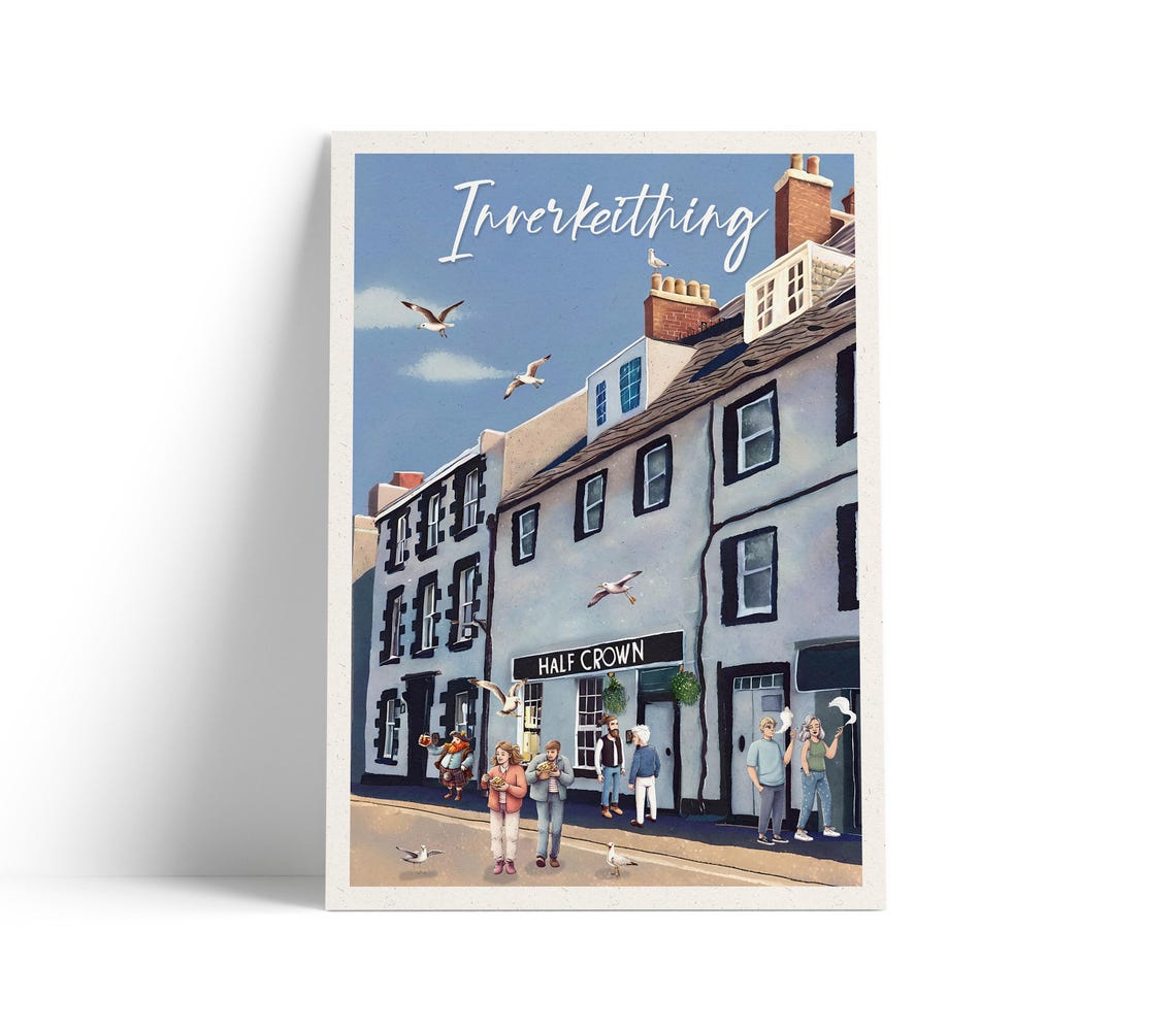Inverkeithing Scotland Half Crown Pub Whimsical Street Scene Poster