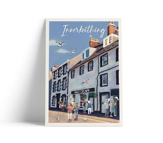 Whimsical Inverkeithing Poster Featuring The Half Crown Pub Unique Scotland Art Print A4a1 Sizes