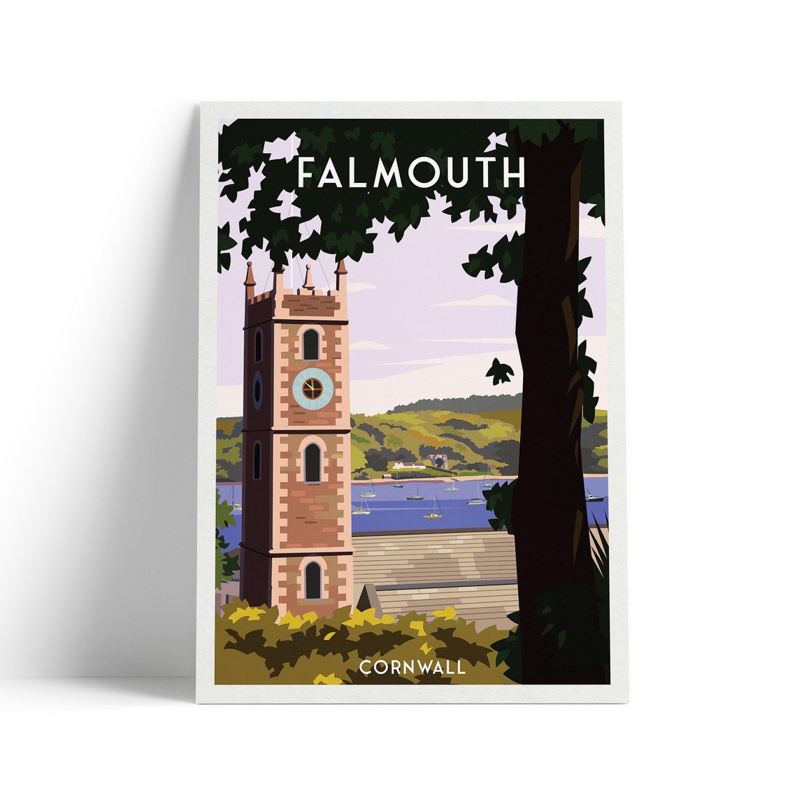 Falmouth Cornwall Church Tower Harbor Travel Poster Seaside View