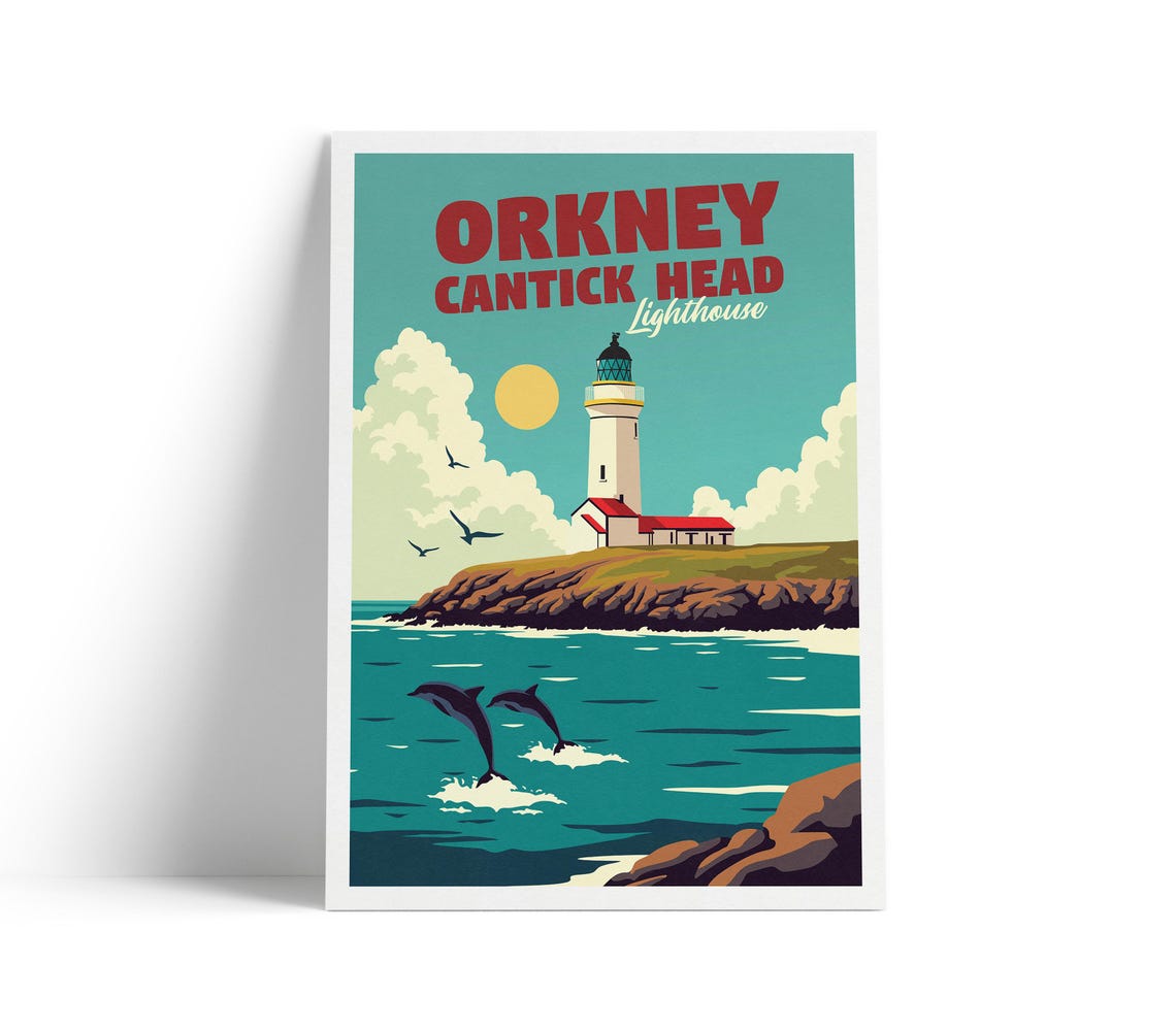 Orkney Cantick Head Lighthouse Dolphins Coastal Scotland Poster