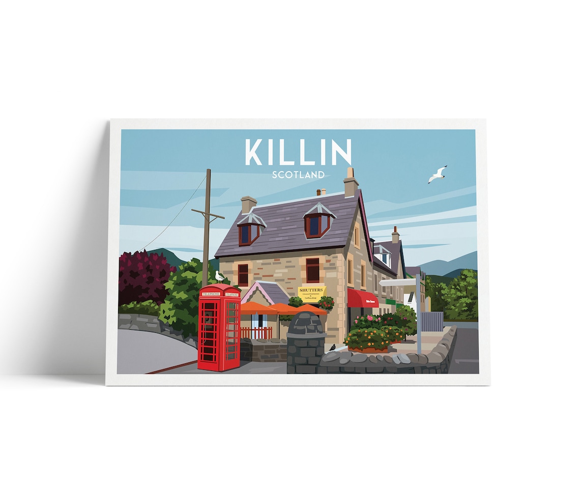 Killin Scotland Red Phone Box Village Street Vintage Travel Poster