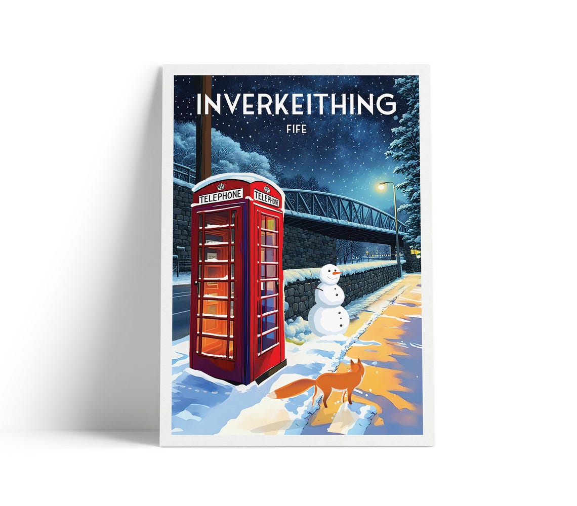 Inverkeithing Fife Winter Night Travel Poster Telephone Box Snow
