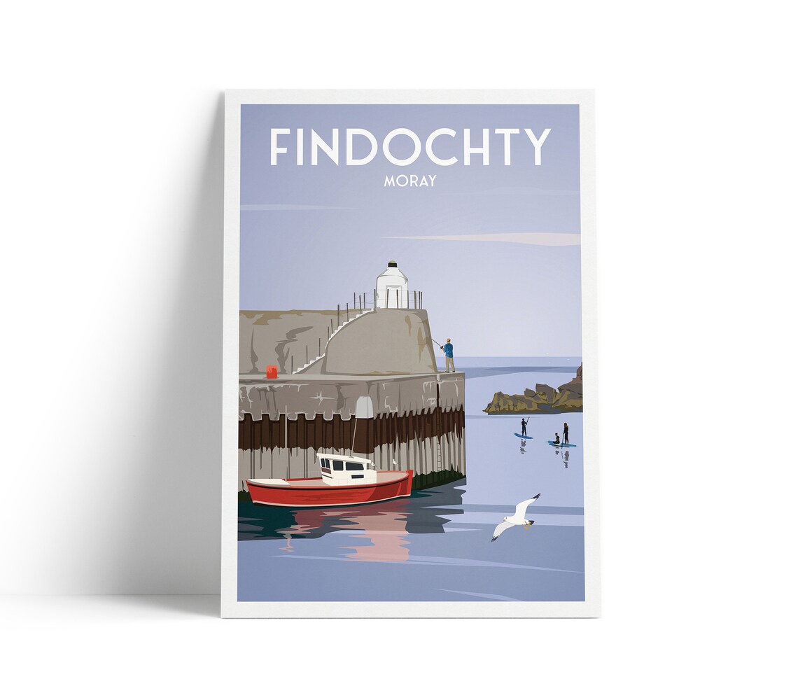 Peaceful Findochty Moray Harbor Lighthouse Serene Seaside Travel Art Poster