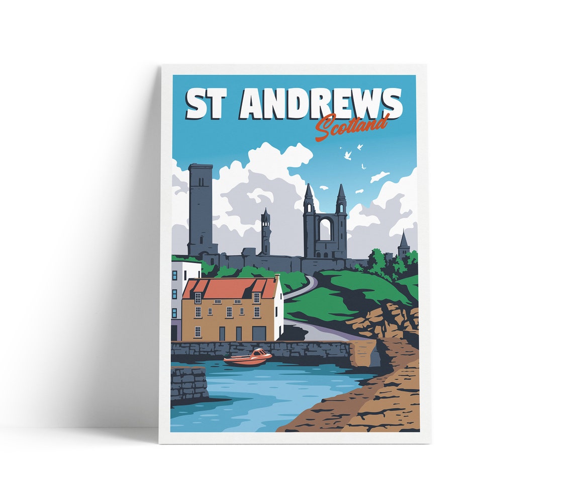 St Andrews Harbour Print Rules Church East Neuk Of Fife Cathedral Fishing Village Scotland Illustration Art