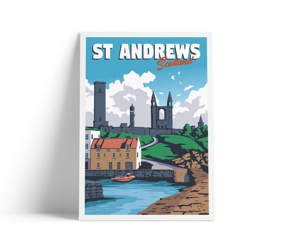 St Andrews Harbour Print Rules Church East Neuk Of Fife Cathedral Fishing Village Scotland Illustration Art