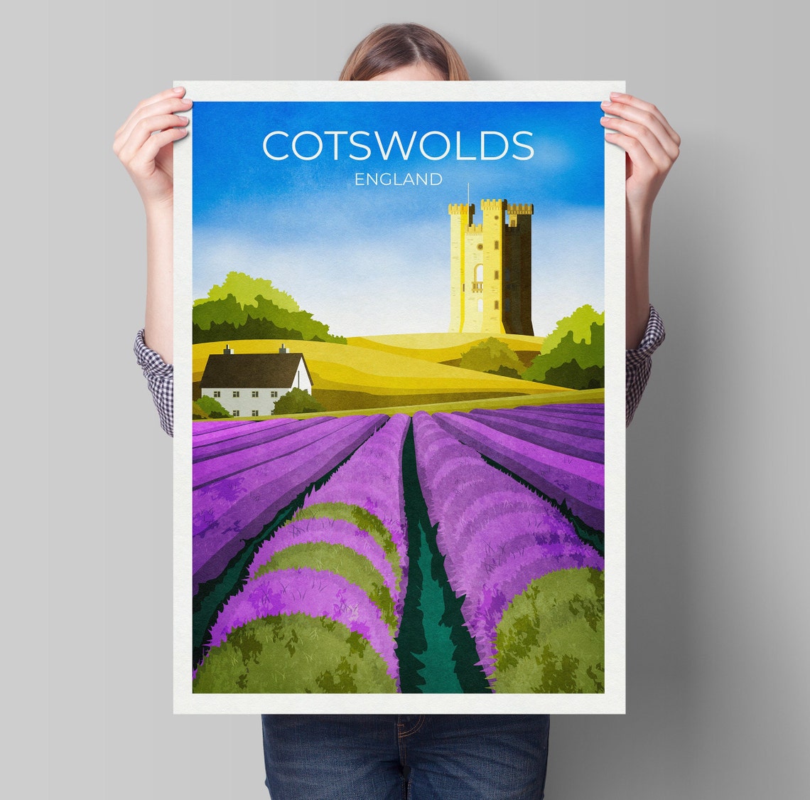 Cotswolds England Lavender Field Castle Vintage Travel Poster
