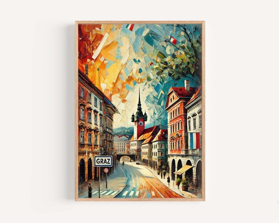 Graz Austria Impasto Old Town Street Sign Clock Tower Poster