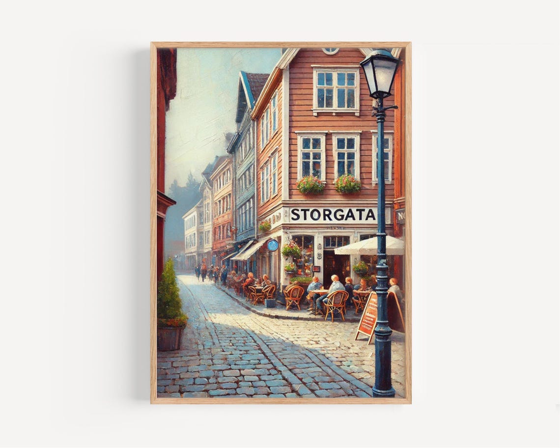 Storgata Norway Vintage Cobblestone Street Cafe Scene Poster