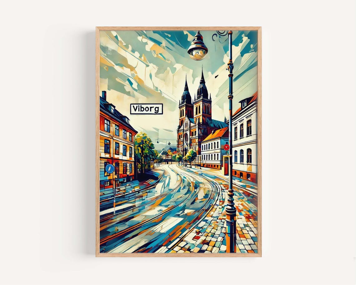 Viborg Denmark Twin Spired Cathedral Old Town Street Art Poster