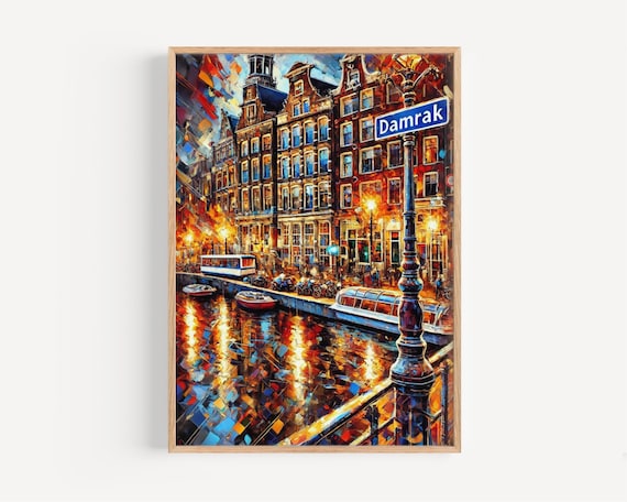 Amsterdam Damrak Canal Night Lights Painted Cityscape Poster