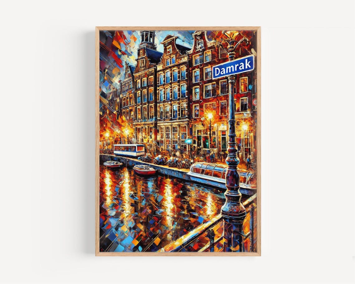 Damrak Wall Art Print Amsterdam Travel Poster Netherlands Gift Housewarming Decor Dutch Cityscape Illustration