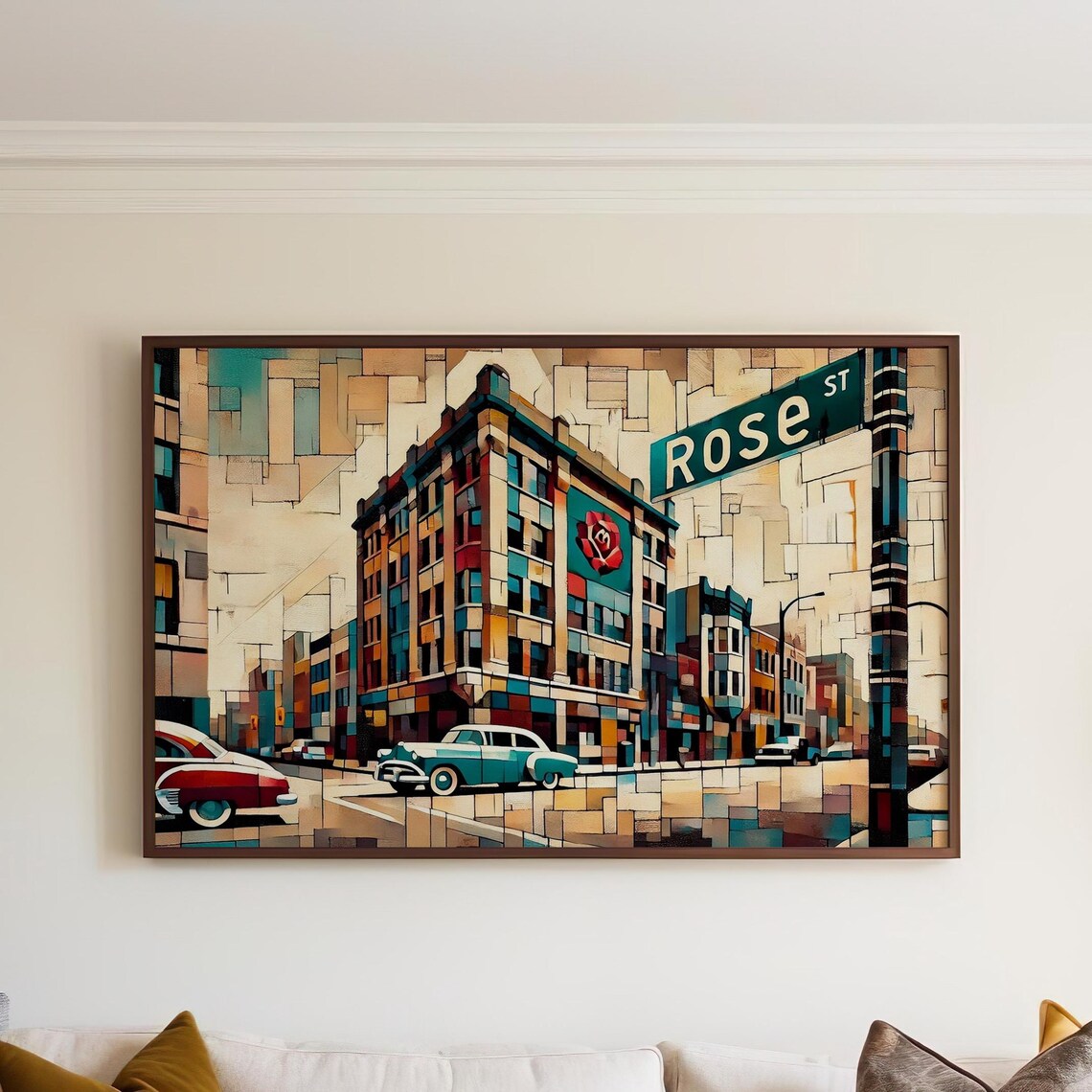 Rose Street Vintage Cars Mosaic Cityscape Street Sign Poster