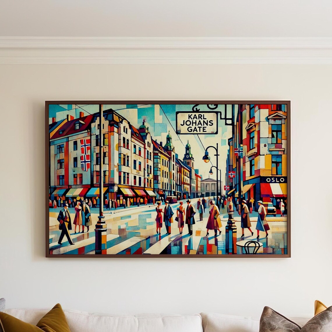 Karl Johans Gate Oslo Norway Cubist Street Scene Travel Poster