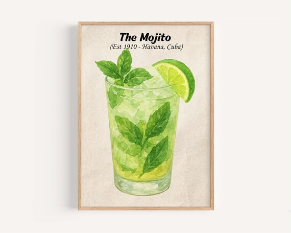 Mojito Cocktail Watercolor Poster Est 1910 Havana Cuba Bar Art