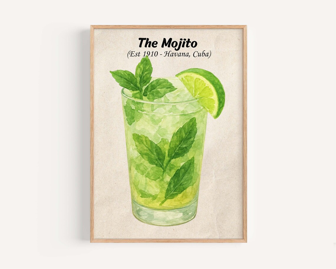 Mojito Cocktail Watercolor Poster Est 1910 Havana Cuba Bar Art