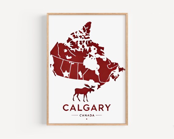Calgary Canada Red Map Silhouette With Moose Wilderness Poster