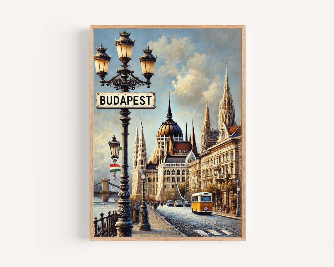 Budapest Parliament Building Street Sign Vintage Travel Poster