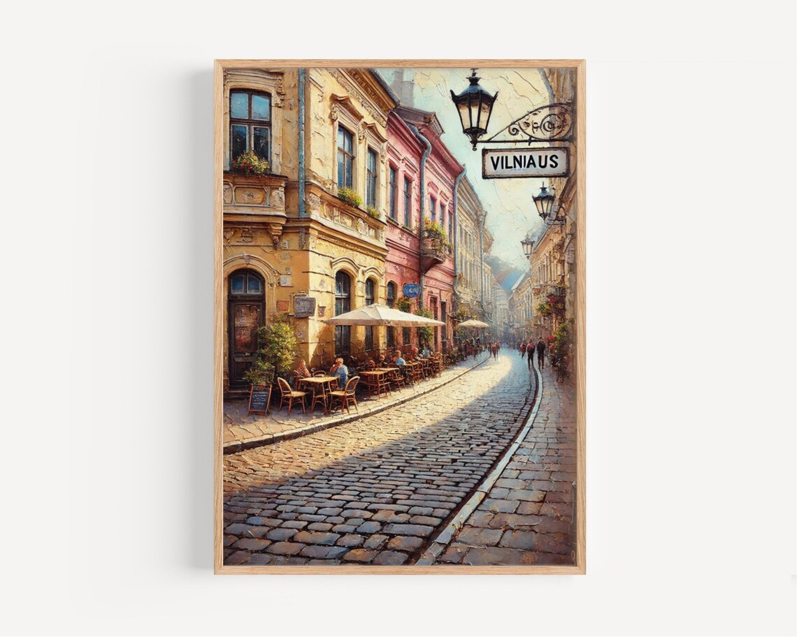 Vilnius Lithuania Street Sign Watercolor Poster Old Town Cafe Cobblestone Art