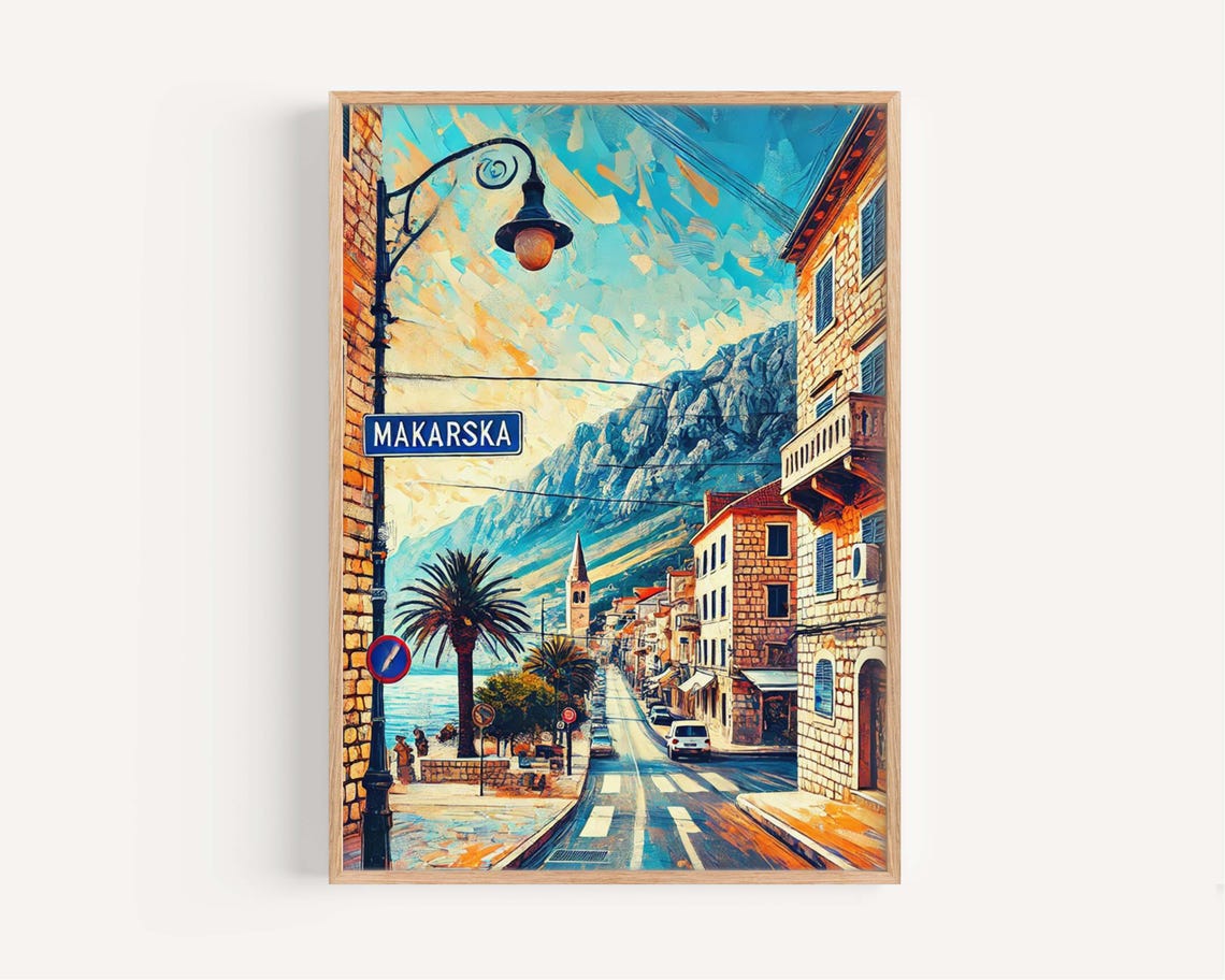 Makarska Croatia Seaside Promenade Mountain Watercolor Street Poster