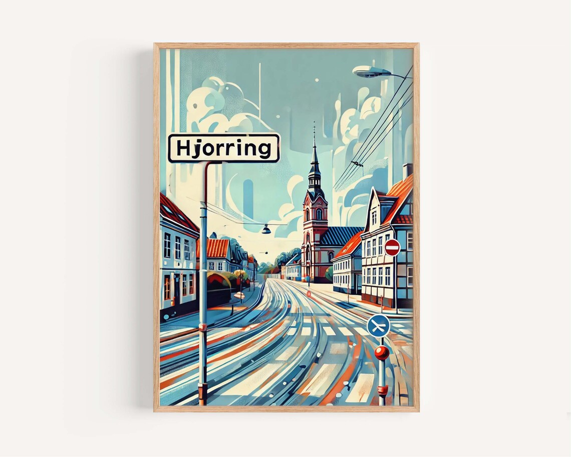 Hjorring Denmark Curved Street Church Spire Charming Town Art Poster