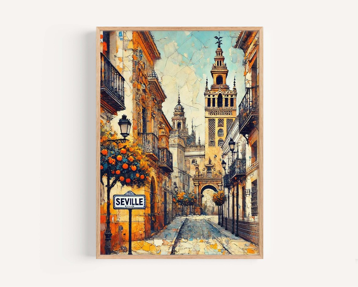 Seville Spain Giralda Tower Orange Street Mosaic Art Travel Poster