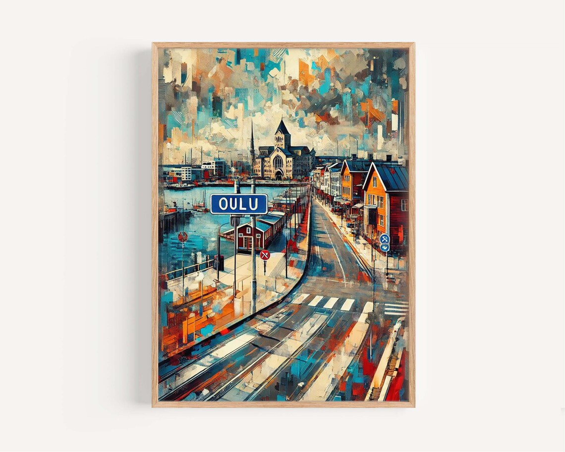 Oulu Finland Harbor Colorful Street Scene Painting Art Poster
