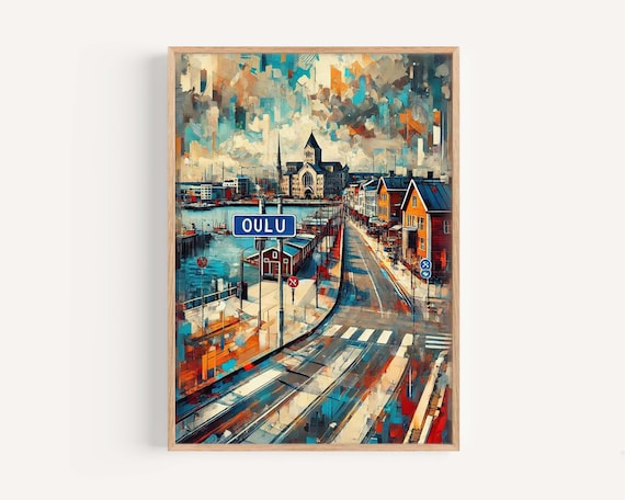 Oulu Finland Harbor Colorful Street Scene Painting Art Poster