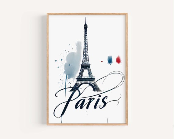 Eiffel Tower Print Paris Wall Art Travel Decor France Gift Home College Room Housewarming Present Parisian Style Illustration