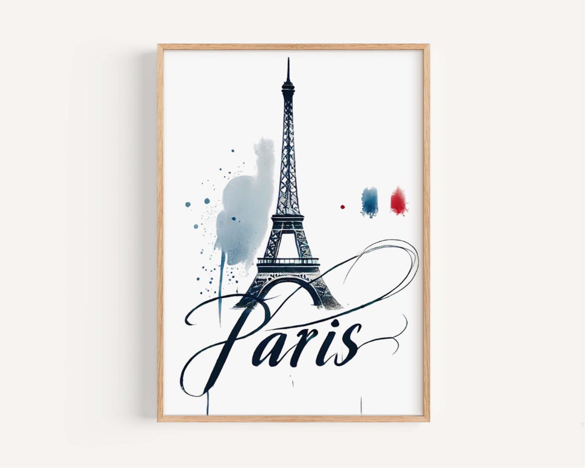 Paris Eiffel Tower Watercolor French Script Romantic Art Poster