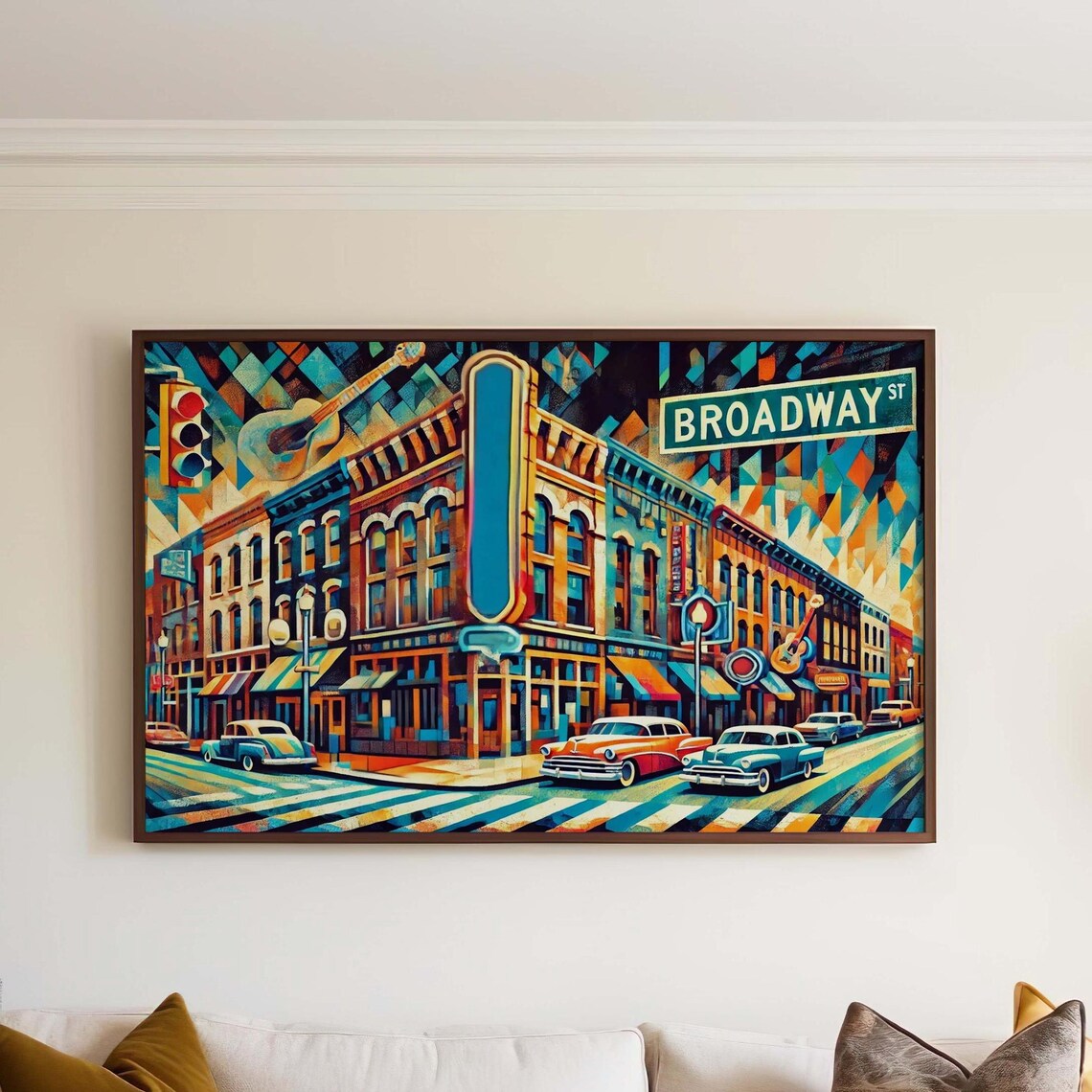 Broadway Street Nashville Cubism Travel Poster Classic Cars Night