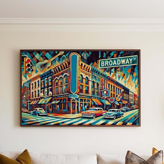 Broadway Street Nashville Cubism Travel Poster Classic Cars Night