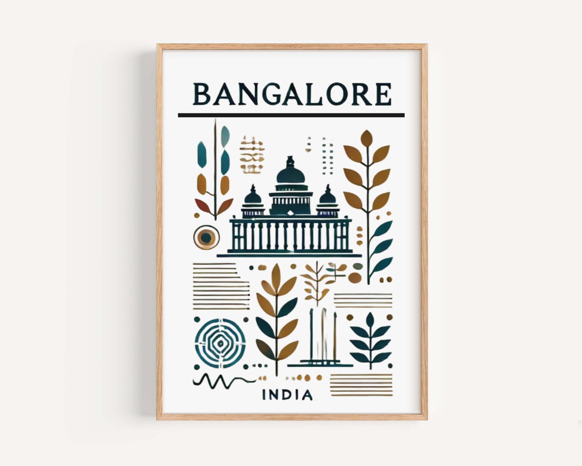 Bangalore India Folk Illustration in Teal and Ochre Tones Poster