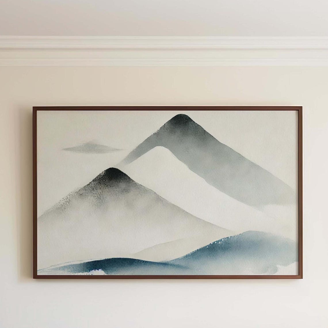 Misty Mountain Peaks Ink Watercolor Minimalist Nature Poster