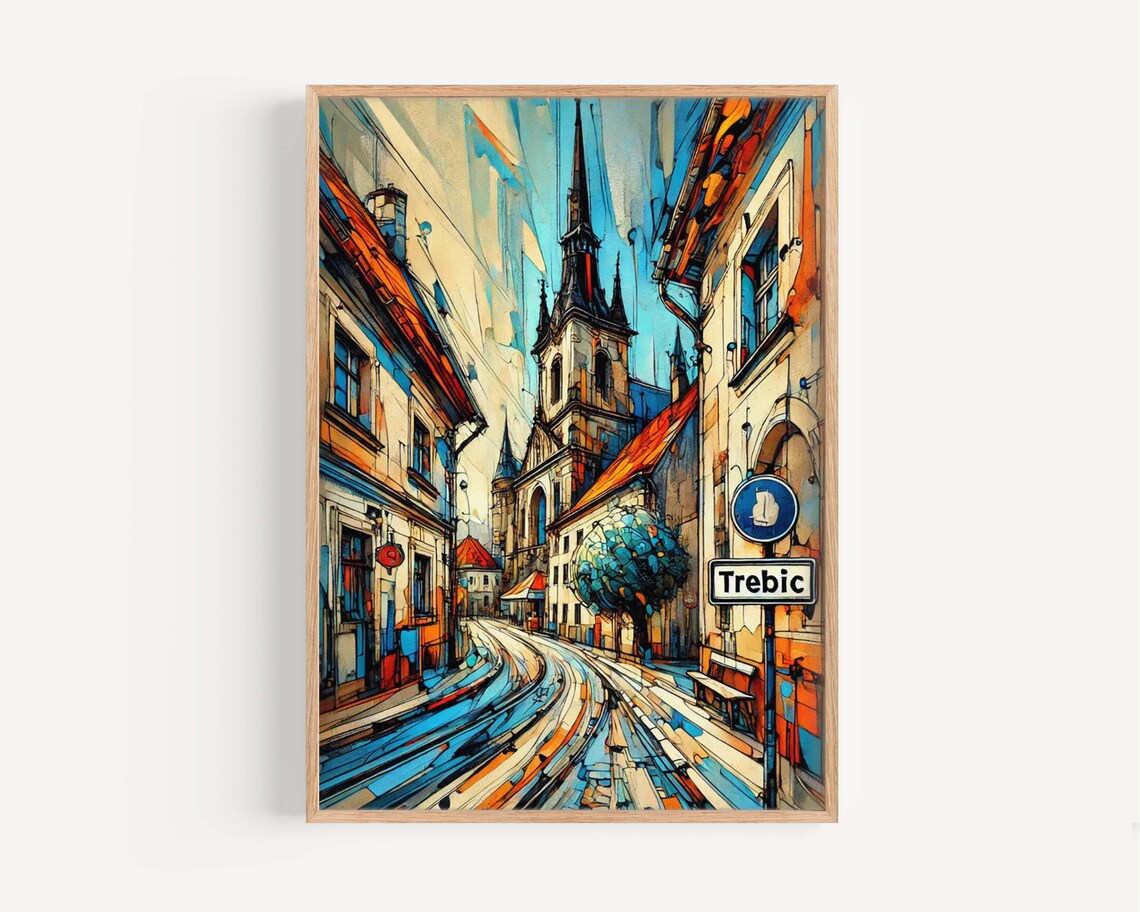 Trebic Czech Republic Old Town Church Street Stylized Art Poster