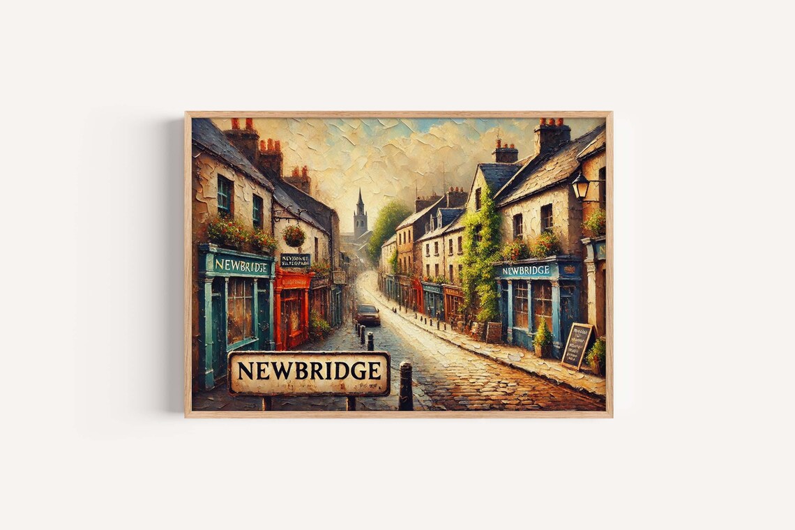 Newbridge Ireland Cobbled Street Shops Sign Oil Painting Style Poster