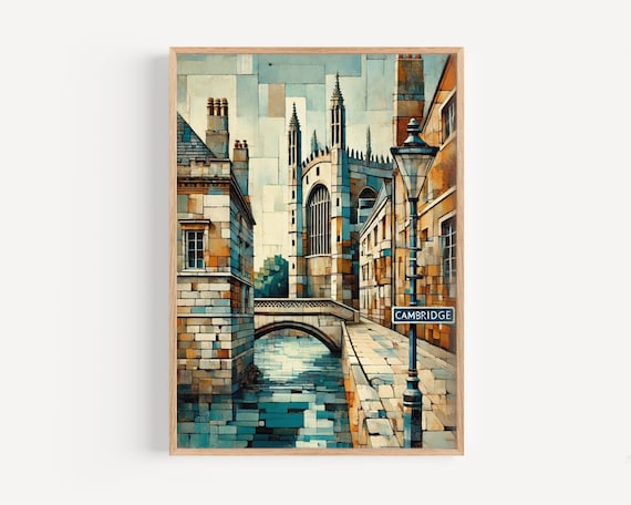 Cambridge England Mosaic Style River Bridge Street Art Poster