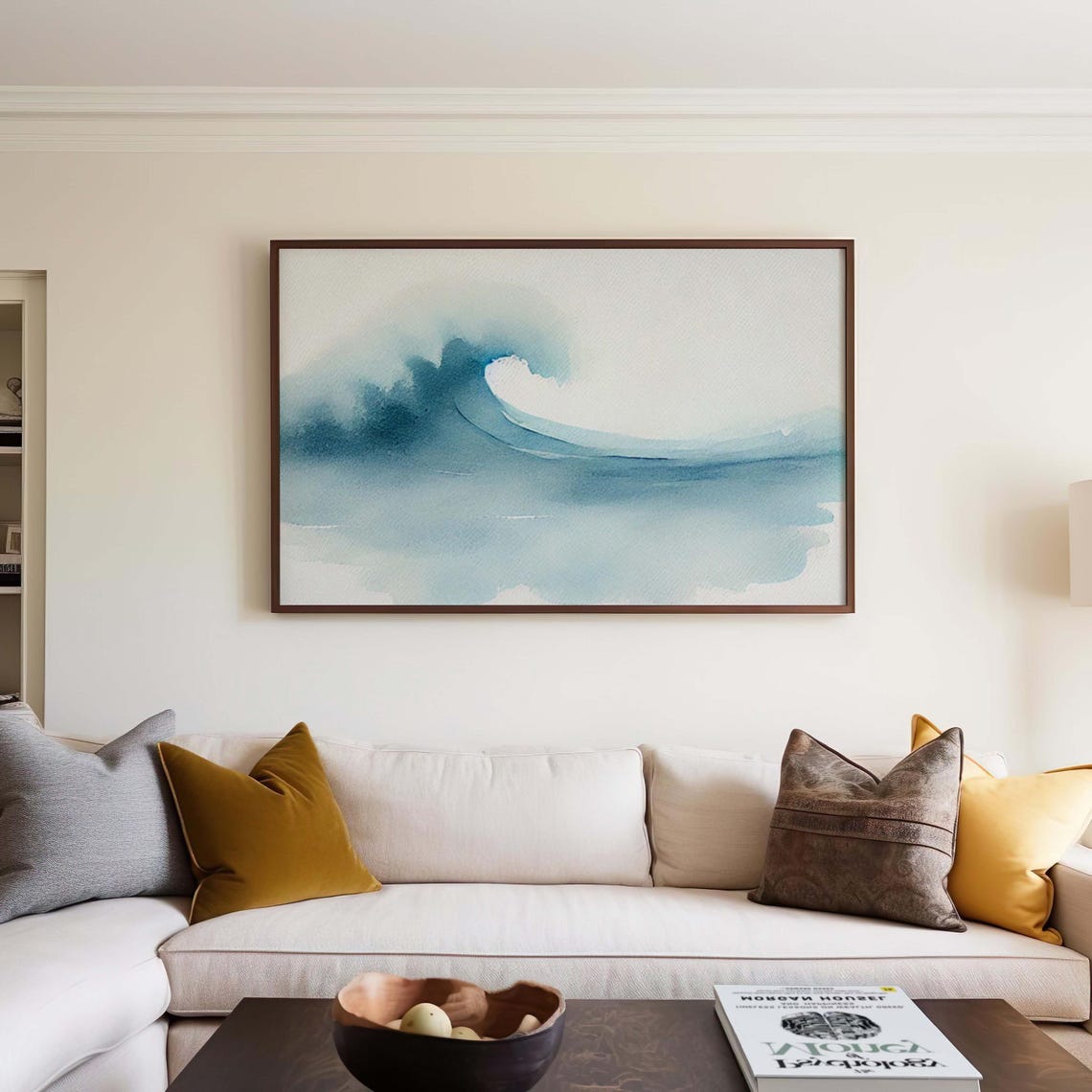 Gentle Curling Ocean Wave Watercolor Pale Blue Coastal Wall Art