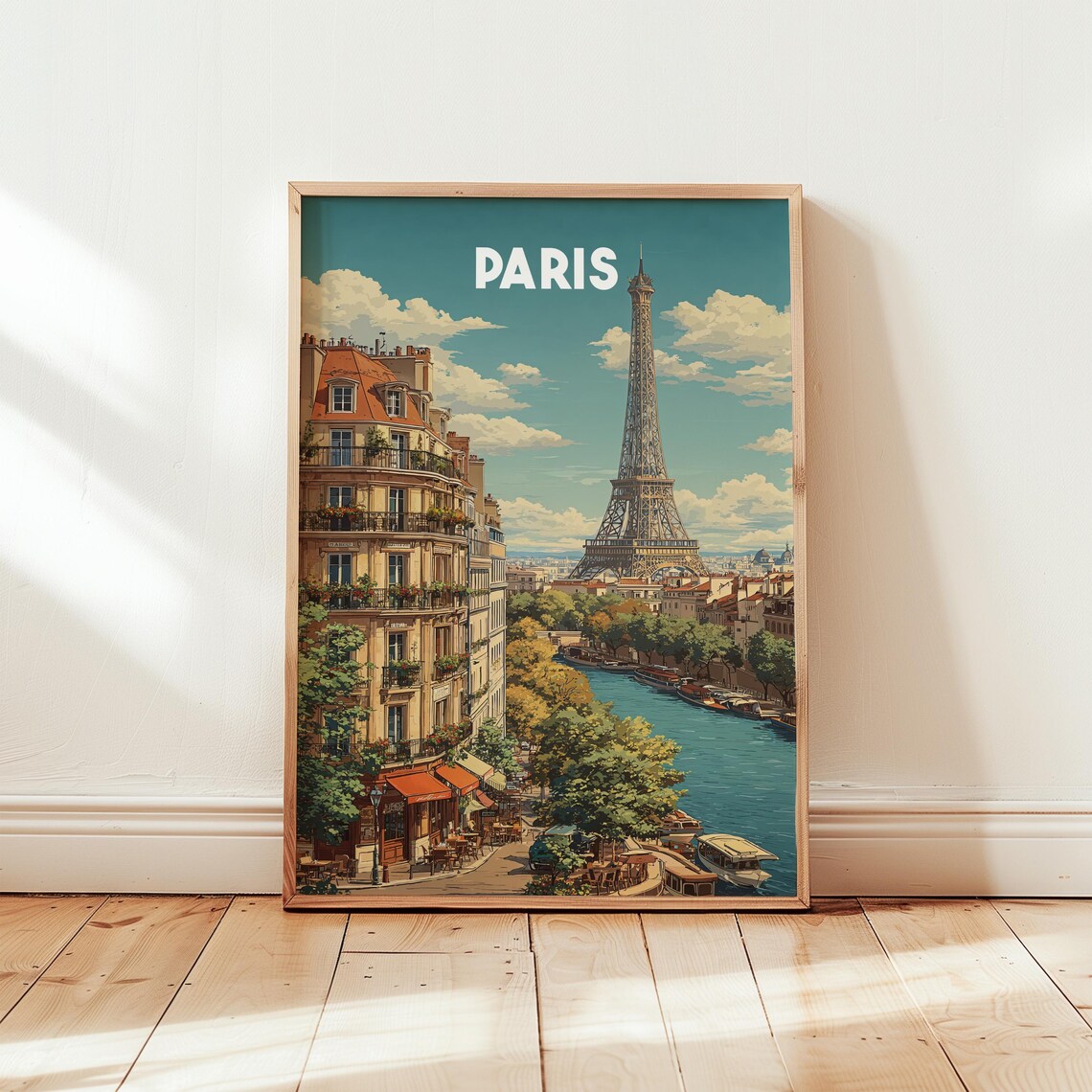 Retro Paris France Travel Poster With Eiffel Tower Street View
