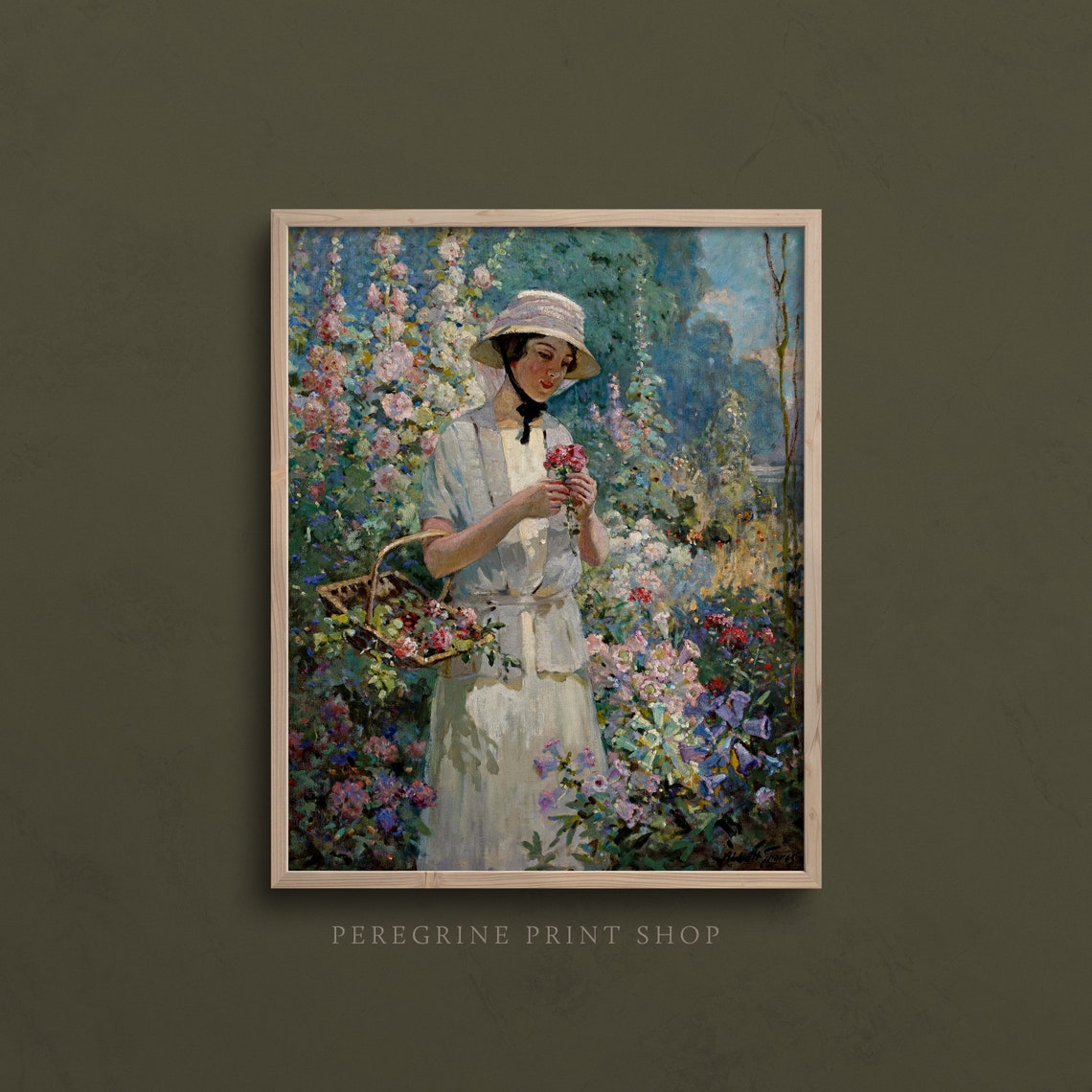 Woman In A Flower Garden Fine Art Print Vintage Garden Wall Art Eclectic Wall Art Cottage Wall Art Green Oil Painting A57 - Image 3