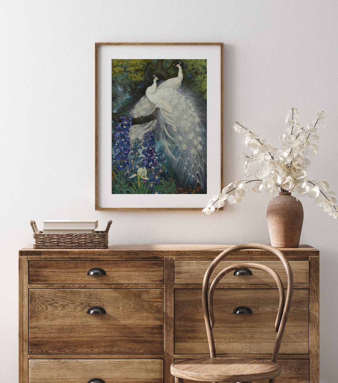 Two White Peacocks With Blue Delphiniums Vintage Exotic Bird Art Print - Image 3