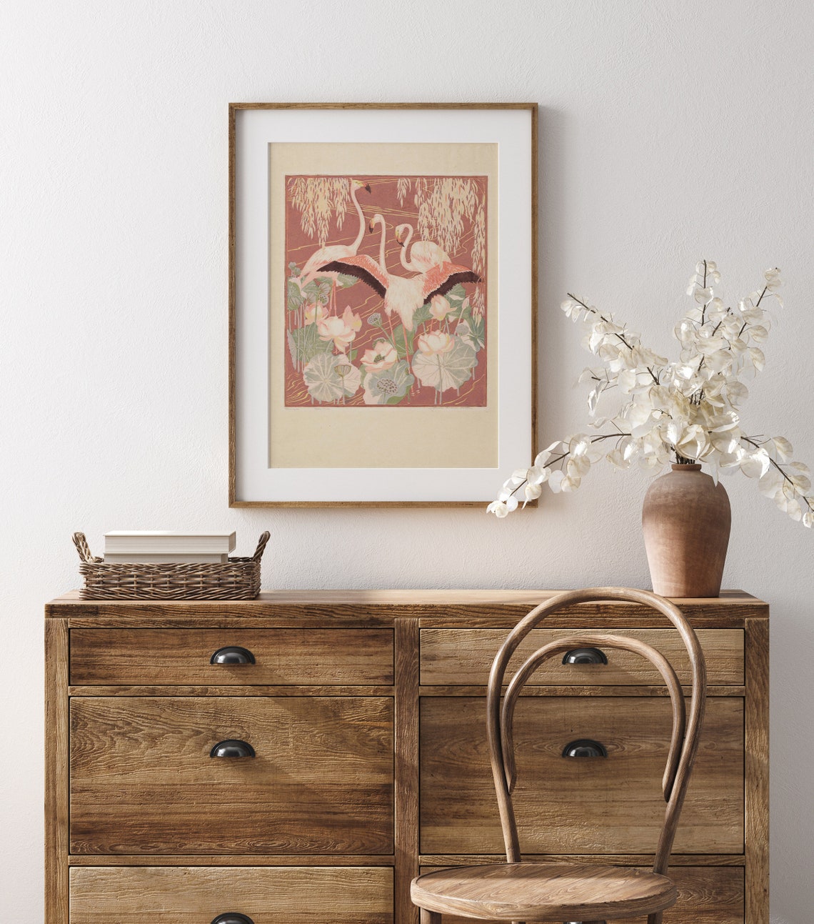 Flamingos Among Lotus Flowers Vintage Woodblock Style Bird Art Print - Image 2