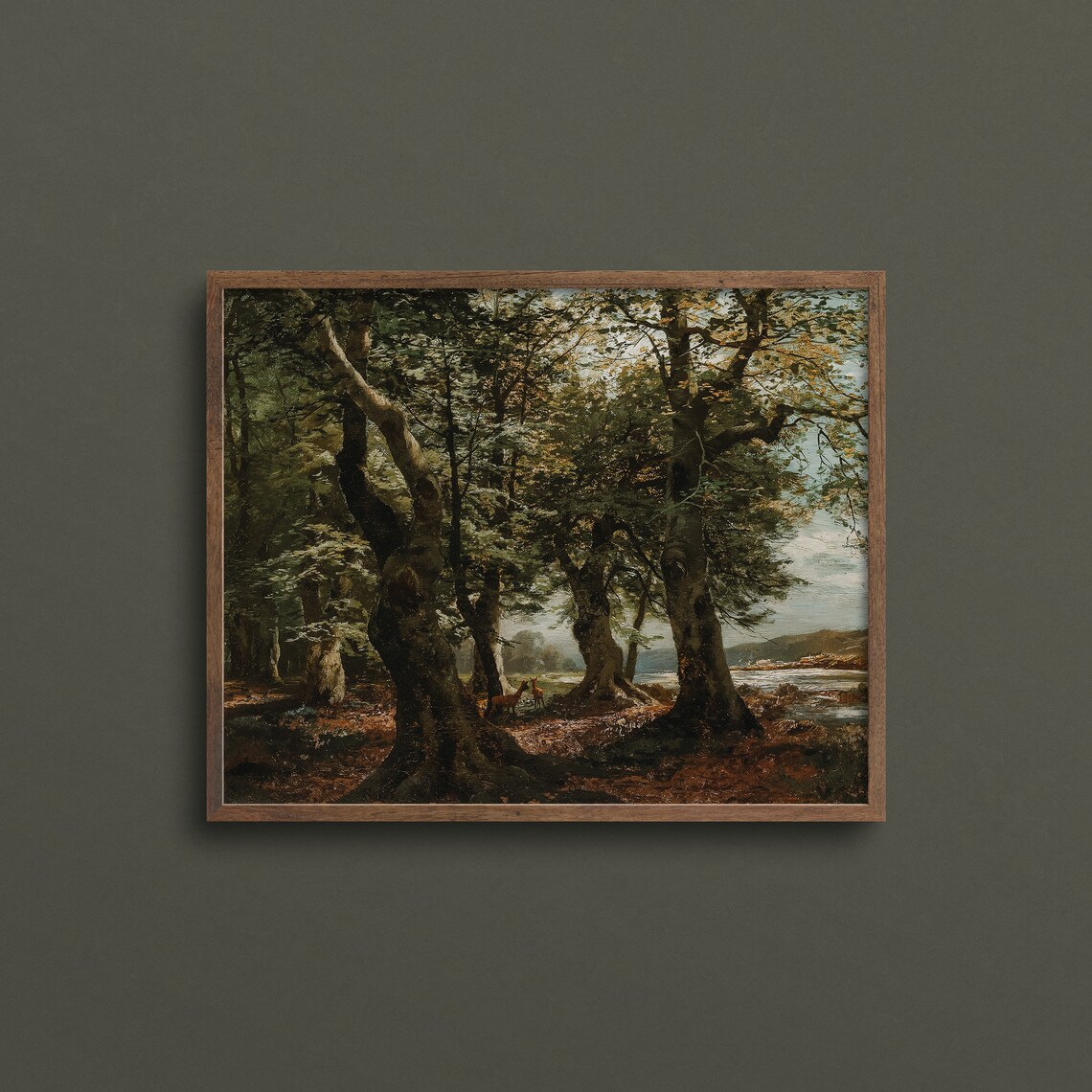 Majestic Deer in Dark Forest Clearing Lake Beyond Vintage Art Print - Image 3