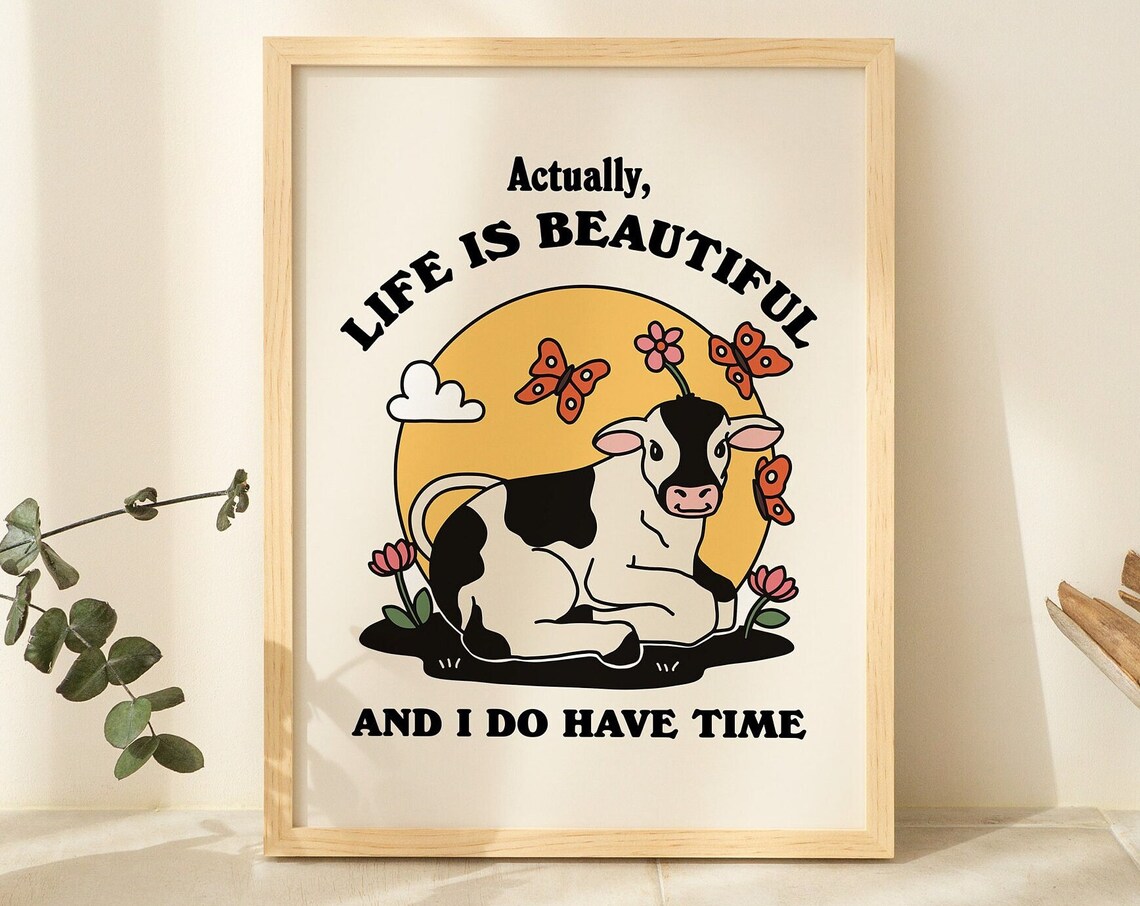 Retro Cow Butterfly Print, Vintage Farm Animal Poster