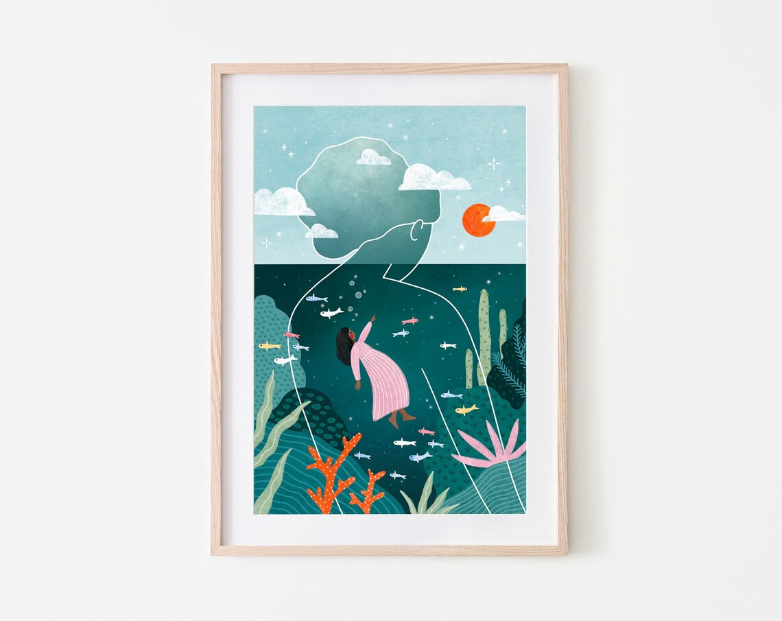 Down Under Ocean Illustration Sea Goddess Art Print