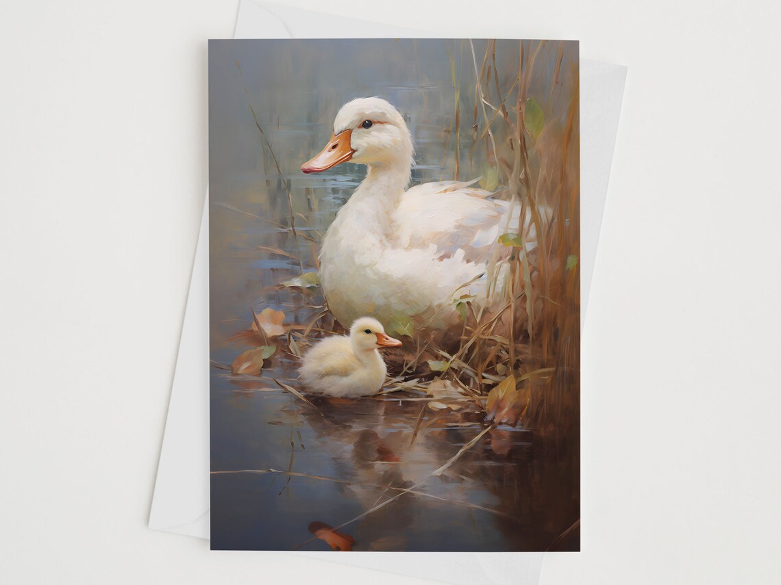 White Duck Duckling Pond Painting Wildlife Greeting Card Poster