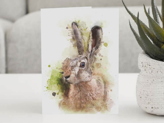 Hare Watercolor Portrait Splash Birthday Greeting Card Art Print