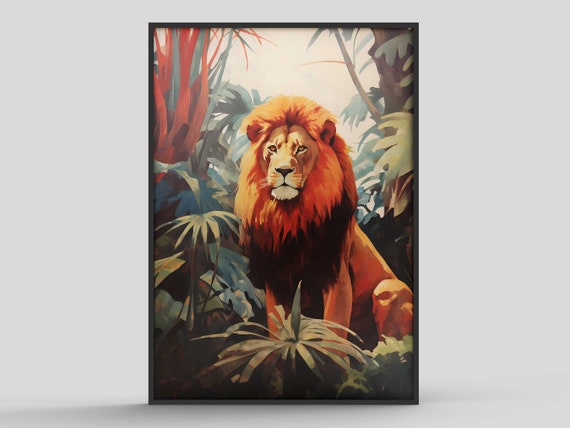 Lion Print Poster Home Decor Wildlife Mid Century Inspired Animal