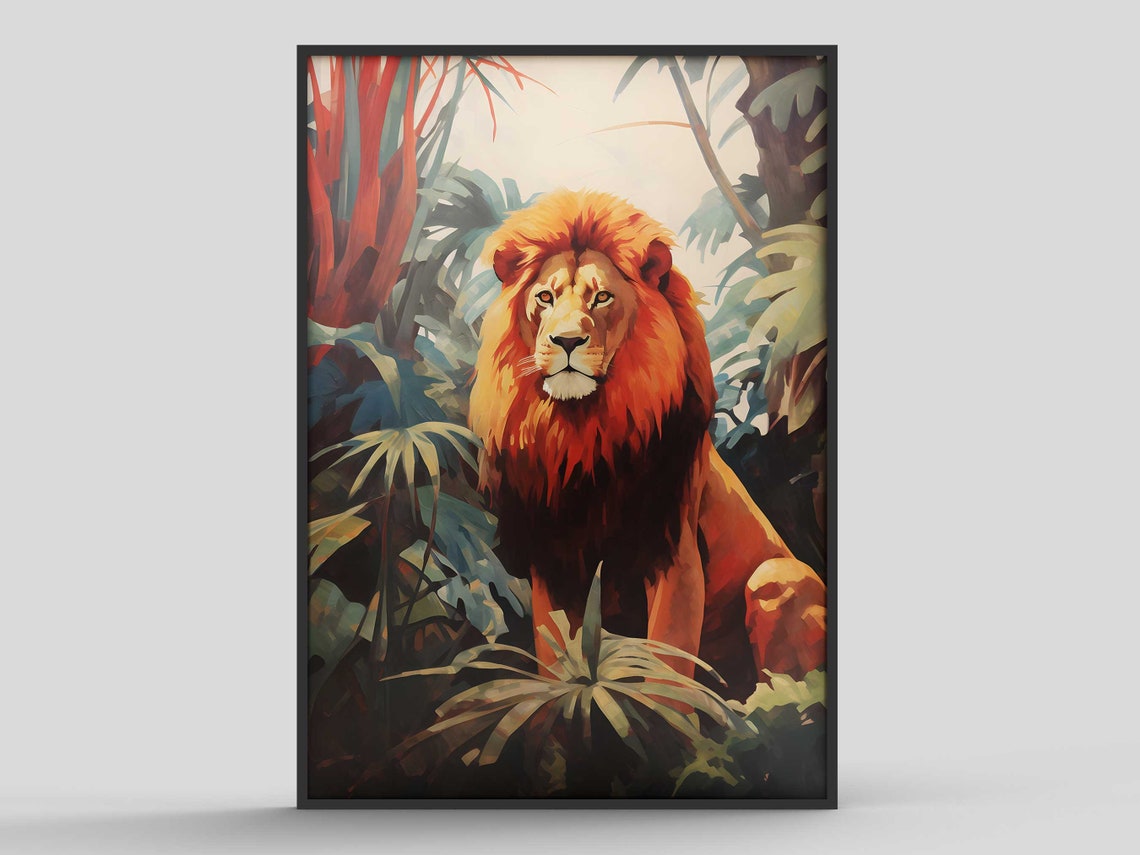 Lion Print Poster Home Decor Wildlife Mid Century Inspired Animal