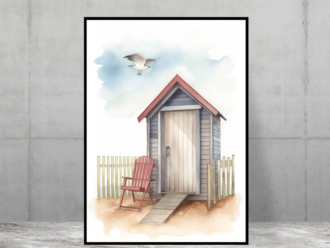 Seaside Beach Hut Scene Coastal Art Print